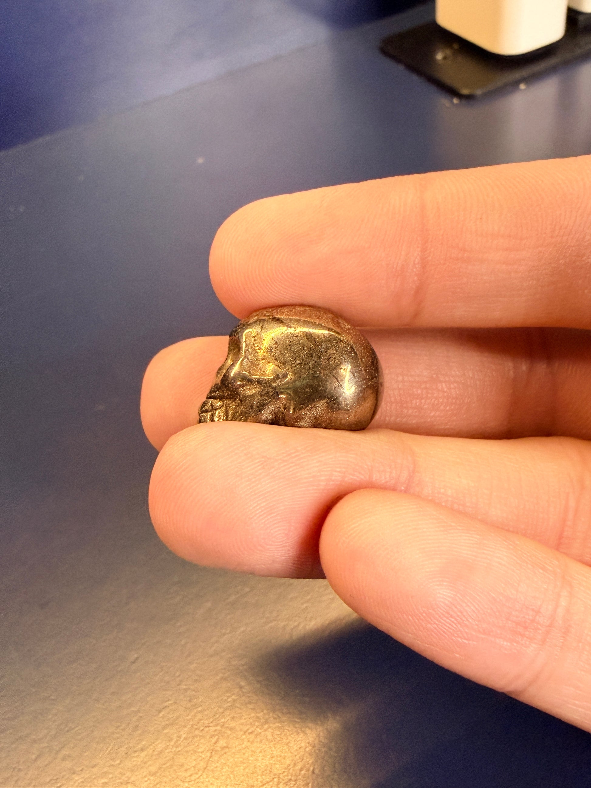 Hand holding a dark gold pyrite skull on a blue background
