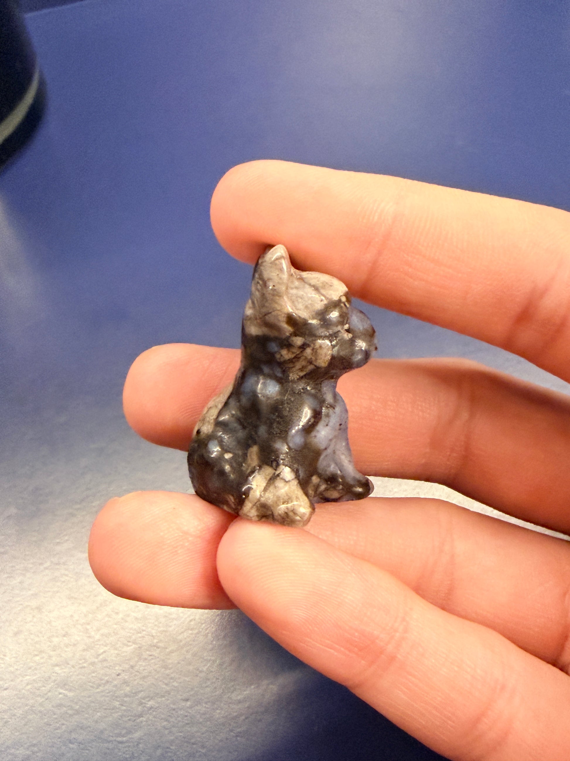 Hand holding a que sera french bulldog crystal against a blue background