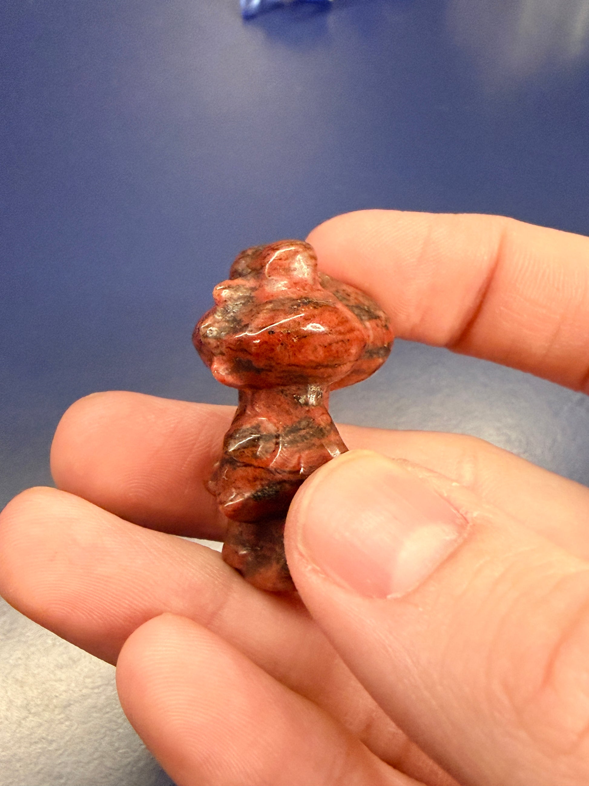 Hand holding a red sesame jasper yoshi crystal against a blue background