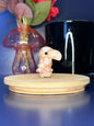 Red and white jasper toucan carving in front of a pink vase and black jar on a wooden coaster against a blue background