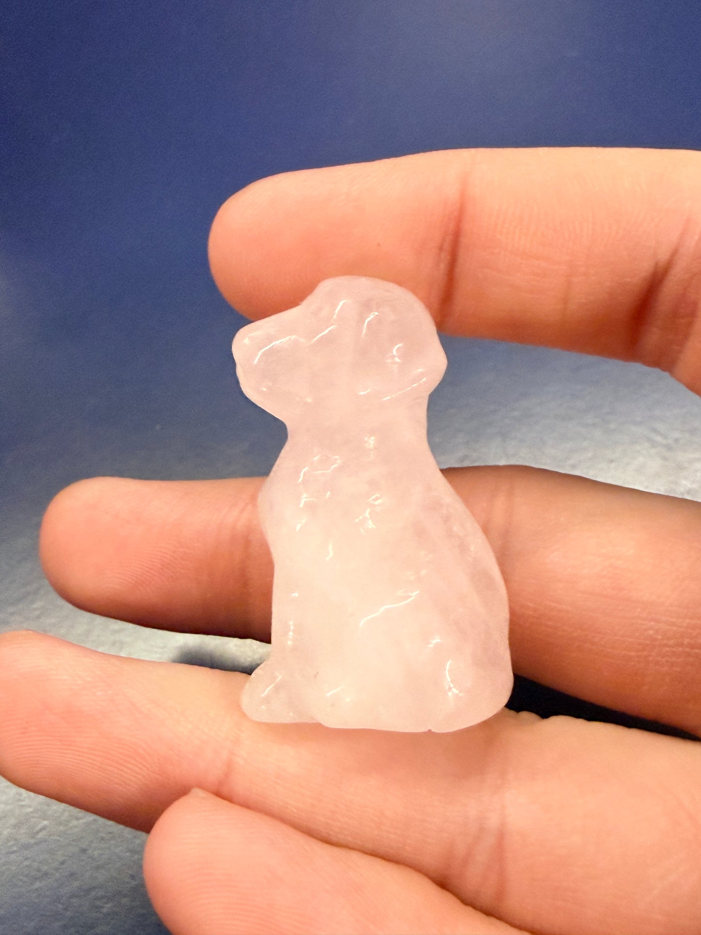 Hand holding a rose quartz Labrador dog crystal against a blue background