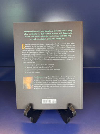 Back cover of a book on a stand with text and a barcode.