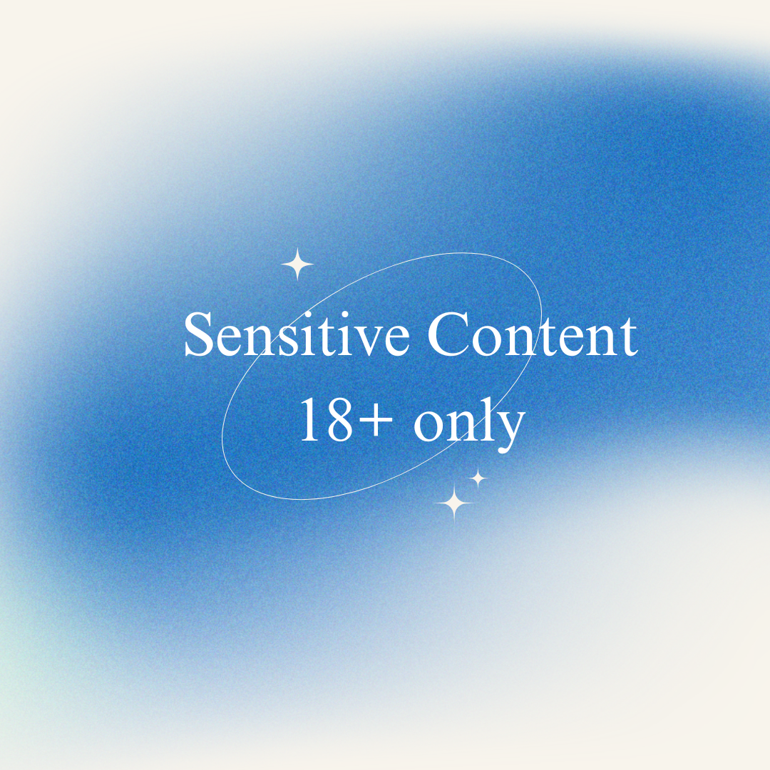 Blue background with white words that say "Sensitive Content 18+ Only" within a circle