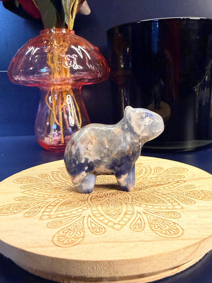 A sodalite capybara crystal sitting on a decorative wooden coaster in front of a glass mushroom and black jar