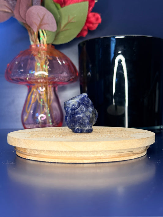 Blue and grey sodalite owl carving in front of a pink vase and black jar on a wooden coaster against a blue background