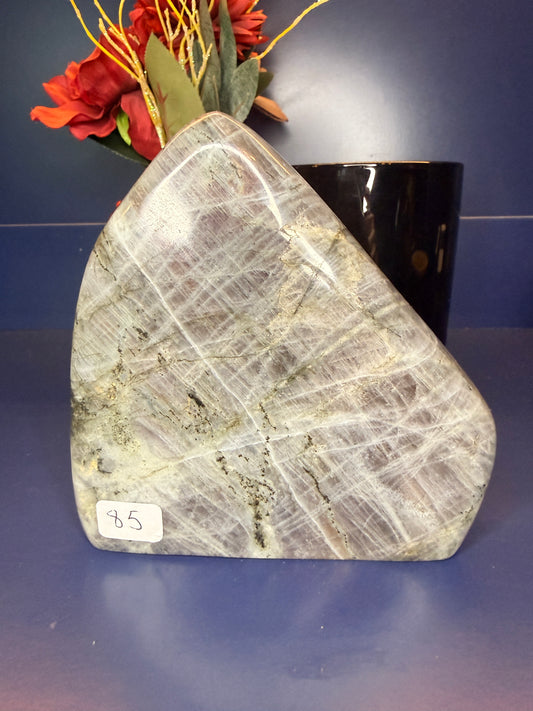 Large grey labradorite Freeform in front of a red flower and black jar on a blue background