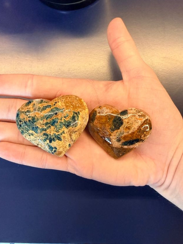 Hand holding two blue and red heart shaped stones against a blue background