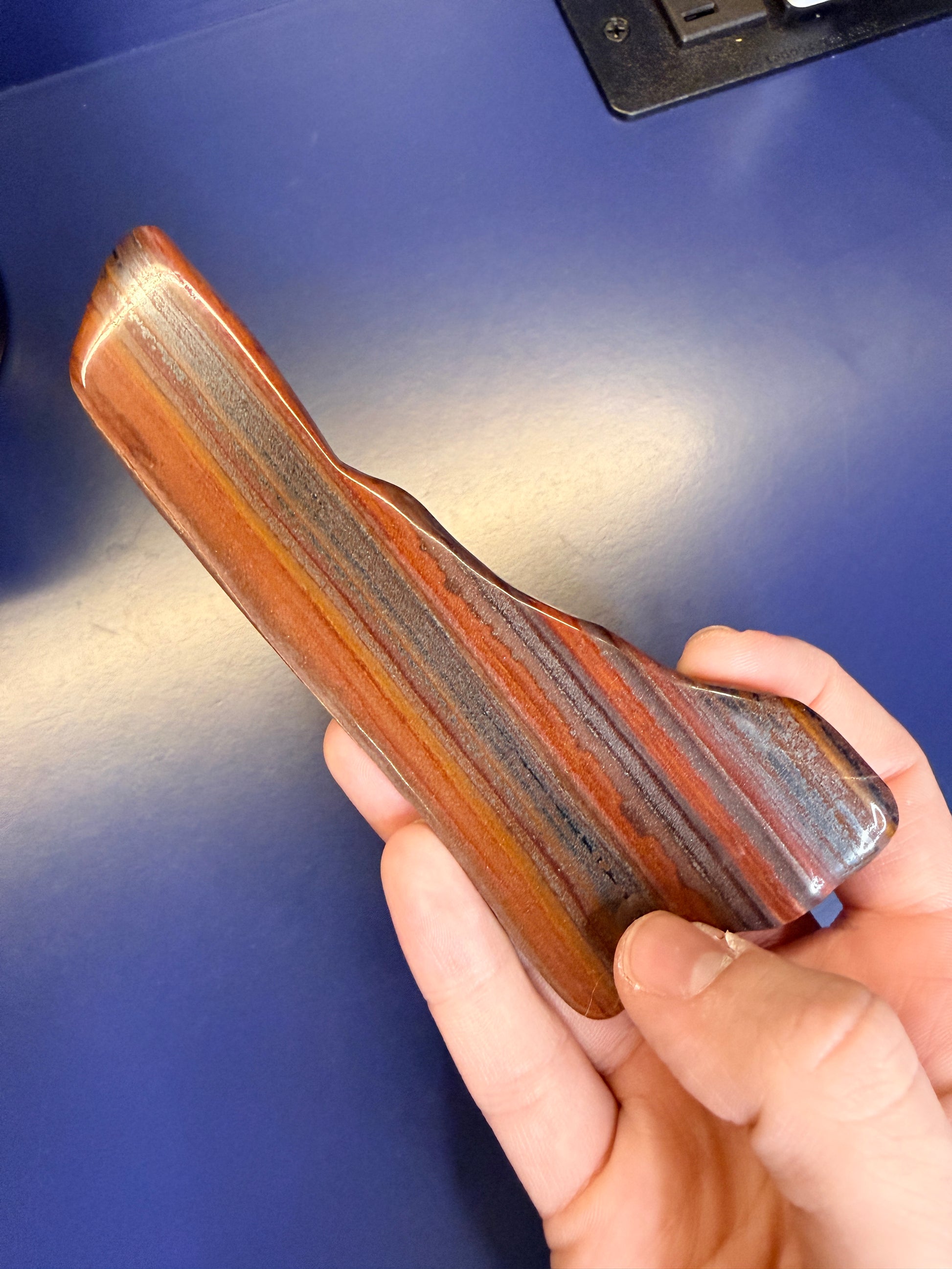 Hand holding long brown and steel grey tiger iron freeform on a blue background