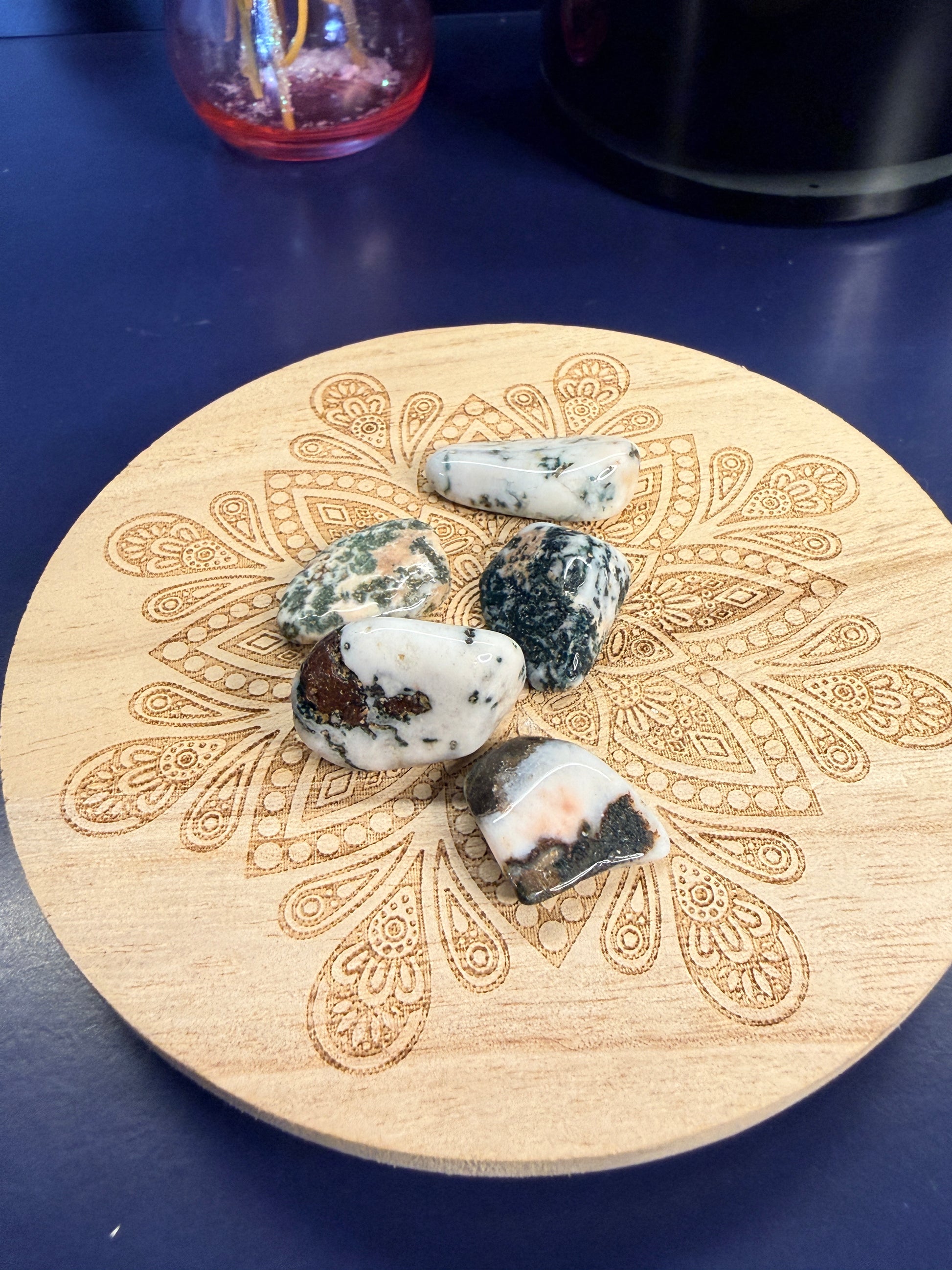 Five small tree agate tumbles set on a decorative coaster and blue background.
