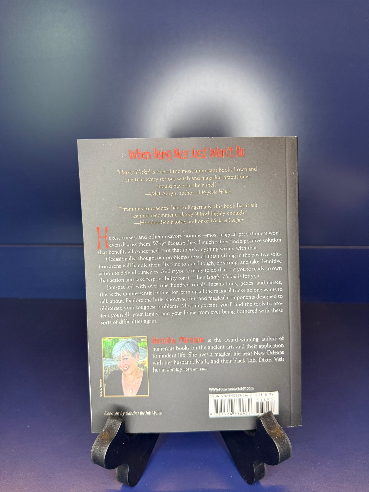 Back cover of a book with text and a barcode on a blue background