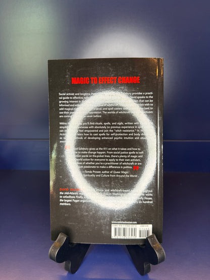 Book with heading 'Magic to Effect Change' on a stand with a blue gradient background