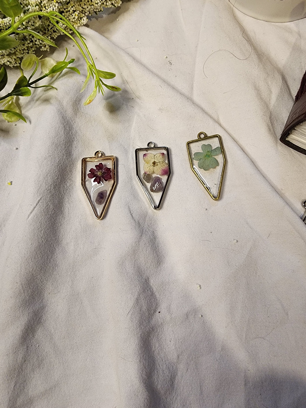 Square/Triangle Wildflower and Crystal Chip Pendants